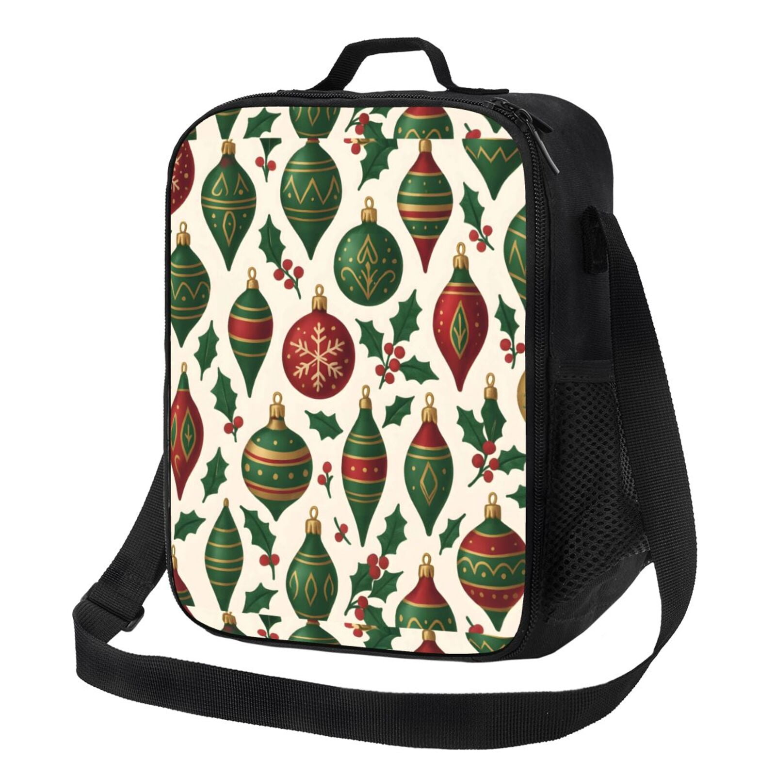 Thermal Insulation One Shoulder Portable Bento Bag Can Be Reused 8×10.5in For Carrying Drinks Bento Box Fruit Snacks Classic Christmas Ornament Pattern