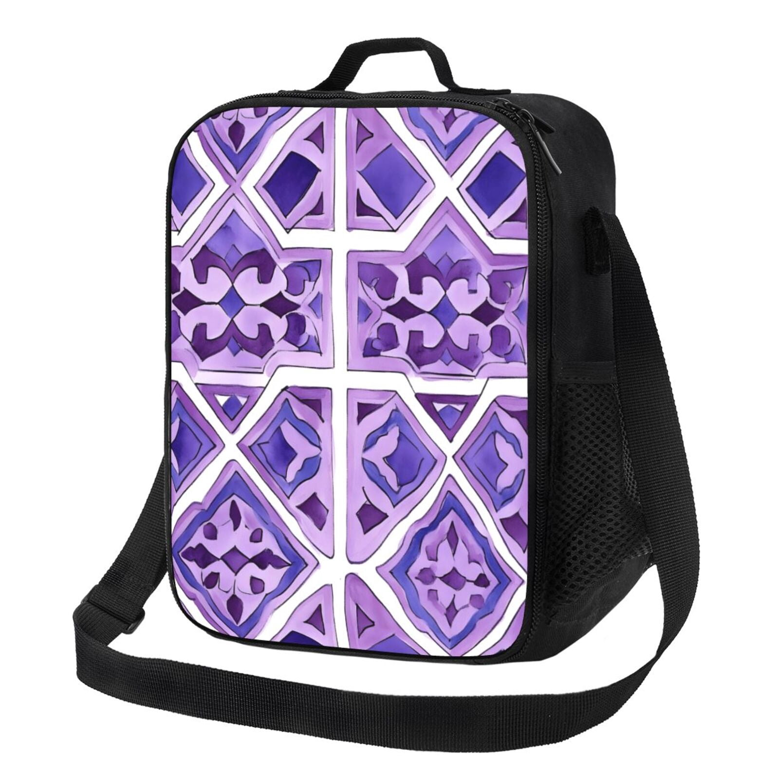 Thermal Insulation One Shoulder Portable Bento Bag Can Be Reused 8×10.5in For Carrying Drinks Bento Box Fruit Snacks Mediumpurple Moroccan Trellis Hand-Drawn Sketch_3