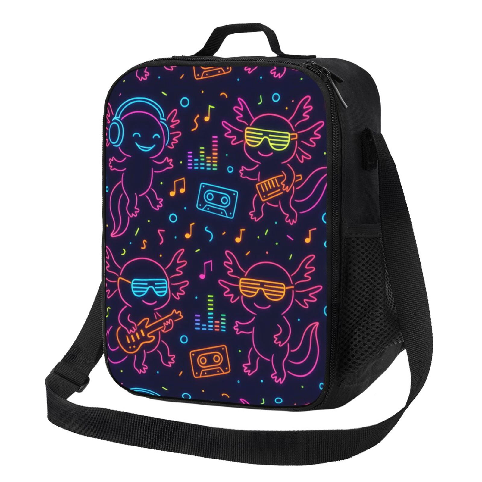 Thermal Insulation One Shoulder Portable Bento Bag Can Be Reused 8×10.5in For Carrying Drinks Bento Box Fruit Snacks Neon Party Axolotls - 80s Synthwave