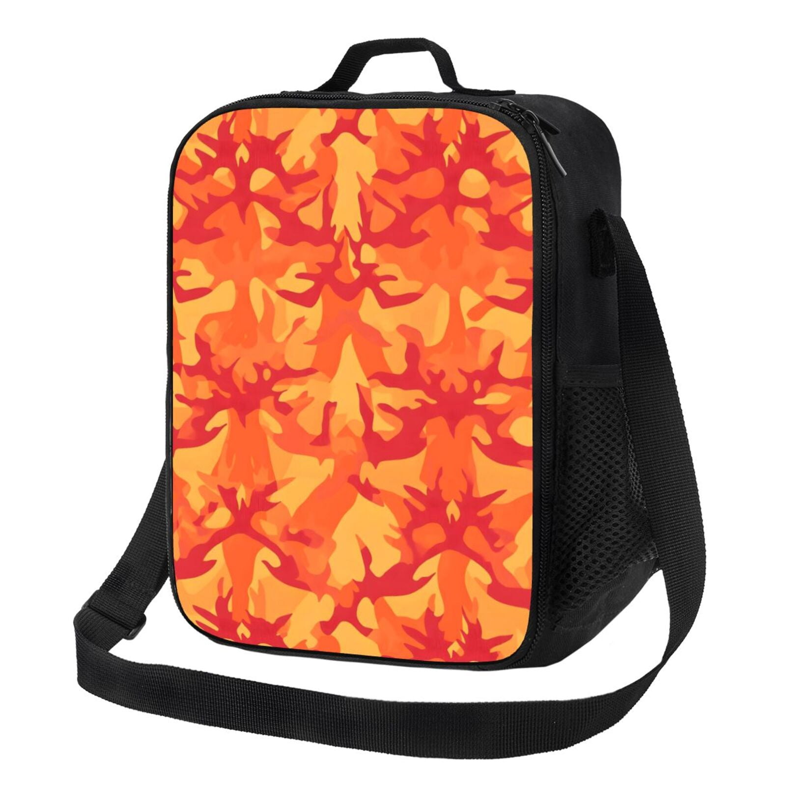 Thermal Insulation One Shoulder Portable Bento Bag Can Be Reused 8×10.5in For Carrying Drinks Bento Box Fruit Snacks Vector Camouflage Pattern Orange Red_2