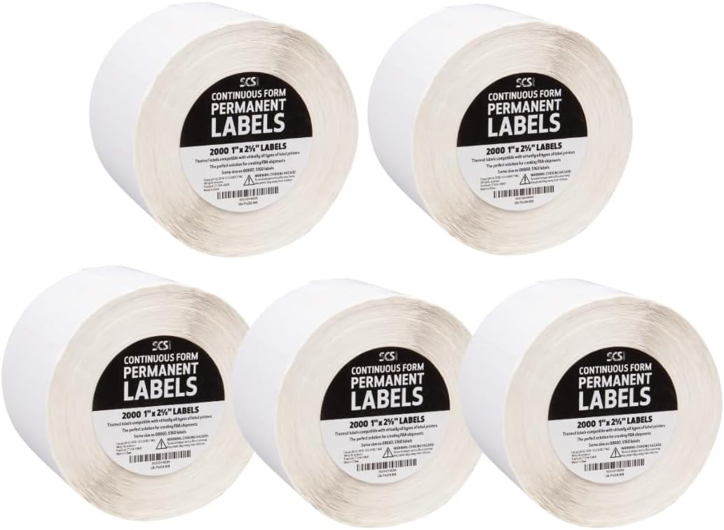 Thermal Label Printer Roll - 10000 (1" X 2 5/8") Permanent Amazon FBA Labels (5 Rolls of 2000) - 100% Compatible with FBA and Zebra Printers