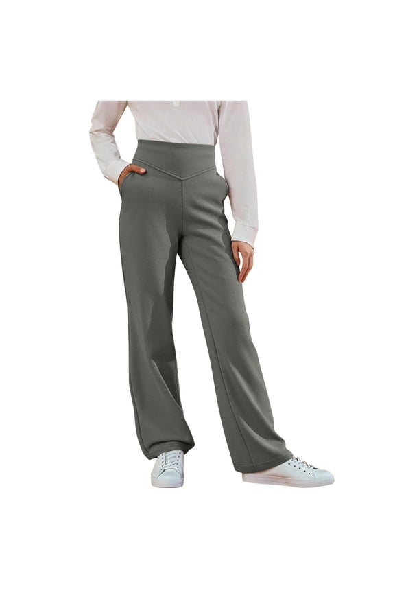 Thermal Leggings Girls Dress Pants, Teens High Waisted Flare Bottoms School Uniform Leggings Pants with Pockets Dress Pants Kids Gray 7Y