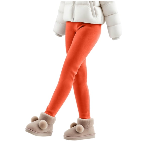 Thermal Leggings for Girls Winter Fleece Lined Tights Elastic Waisted Solid Color Warm Comfy Yoga Pants Orange 100