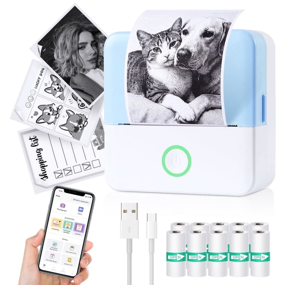 Mini Thermal Printer, Portable Inkless Sticker Maker, Bluetooth Wireless Label Printer for Phone, with Printer Paper, Compatible with iOS & Android