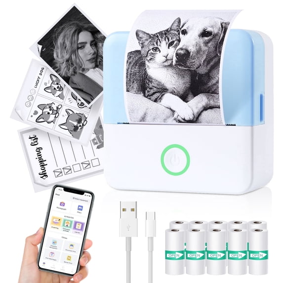 Mini Thermal Printer, Portable Inkless Sticker Maker, Bluetooth Wireless Label Printer for Phone, with Printer Paper, Compatible with iOS & Android