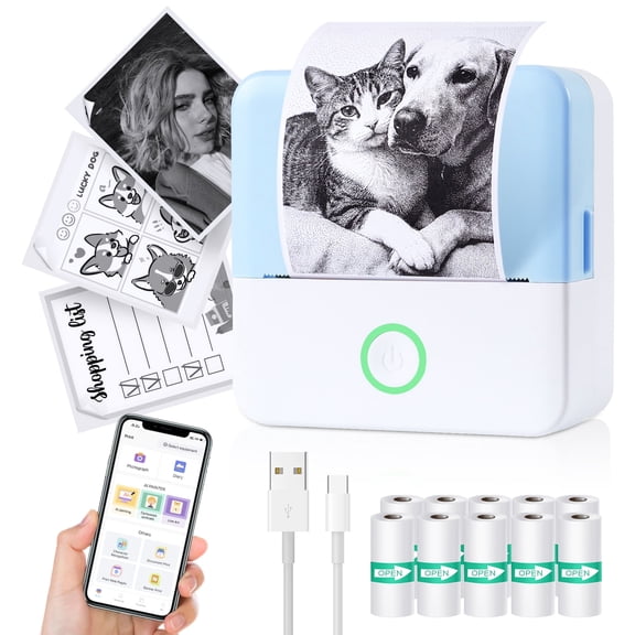 Mini Thermal Printer, Portable Inkless Sticker Maker, Bluetooth Wireless Label Printer for Phone, with Printer Paper, Compatible with iOS & Android
