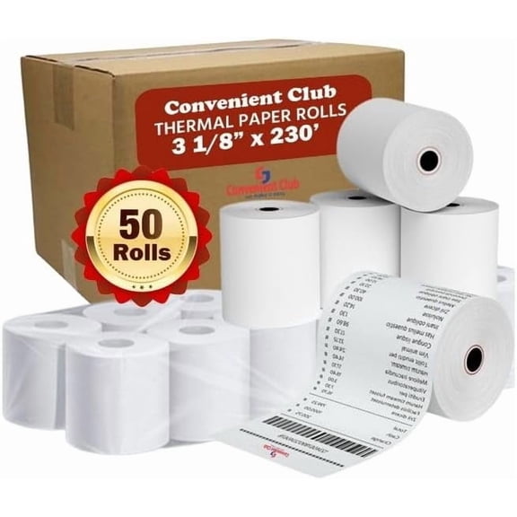Thermal Paper Receipt Rolls, 3 1/8 x 230, 50 Rolls, 48 GSM, Compatible with Clover POS Printers, POS/Cash Register Paper BPA Free