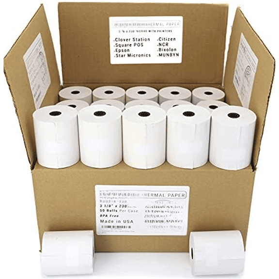 Thermal Paper Rolls 3 1/8 x 230 - American Made: [50/pack] BPA Free CC Receipt paper for POS terminals : Clover Station | Epson | Star | Square POS| Citizen | NCR | MUNBYN$$Office