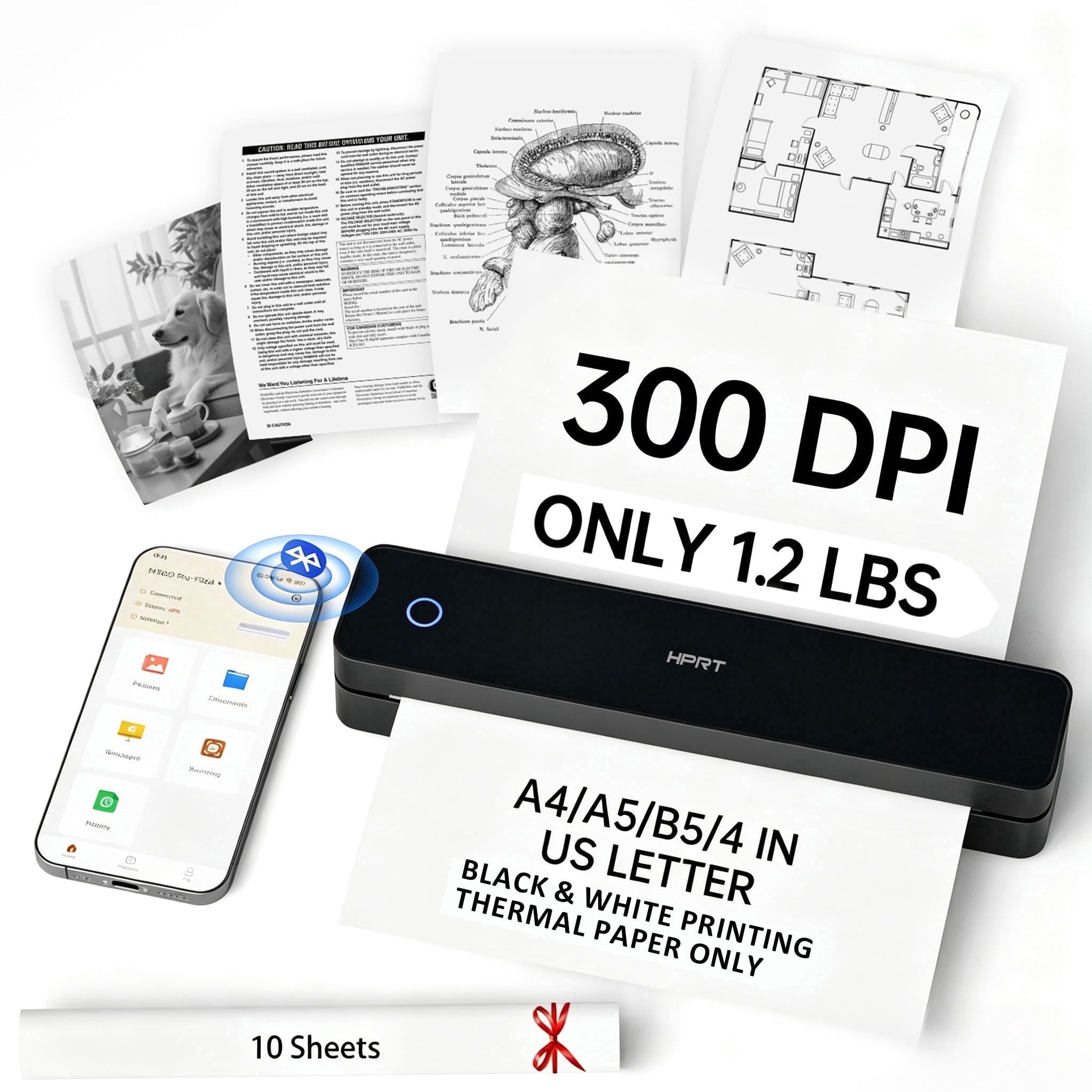 HPRT 610Pro Portable Thermal Printer - 300DPI Wireless Bluetooth Inkless Printer for Travel, Office, and Home, Supports US Letter & A4