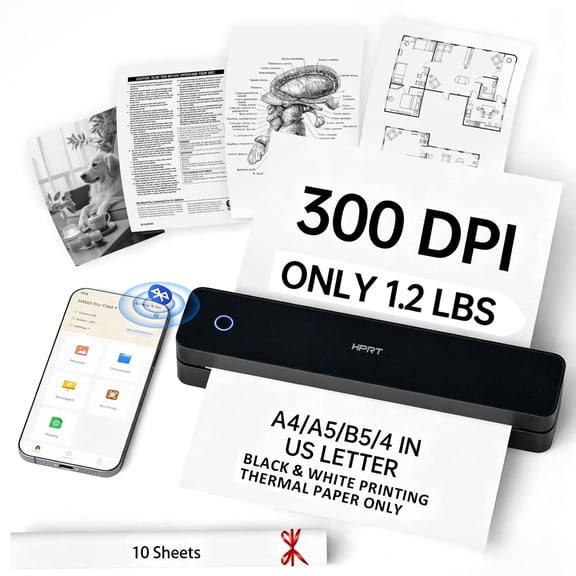 HPRT 610Pro Portable Thermal Printer - 300DPI Wireless Bluetooth Inkless Printer for Travel, Office, and Home, Supports US Letter & A4