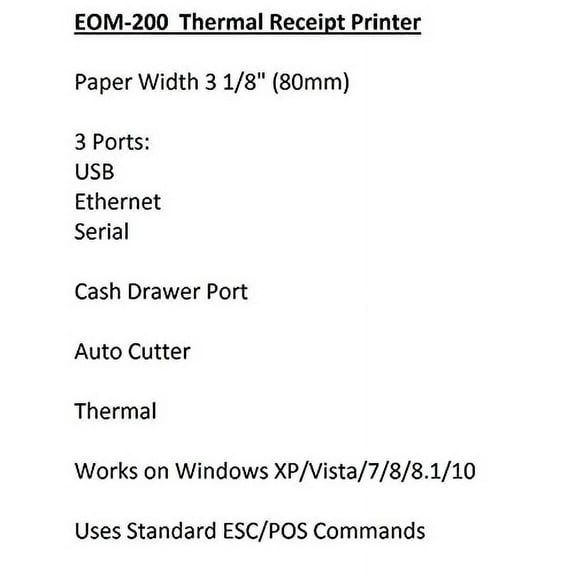 Thermal Receipt Printer - USB, Ethernet/LAN, & Serial Ports - Auto Cutter - Beeper/Buzzer- Cash Drawer Port - Paper Width 3 1/8" (80mm) - for Windows - NOT for Square