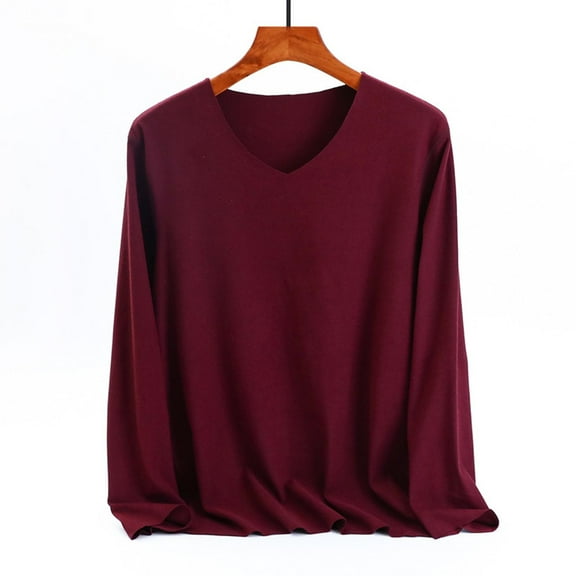 Thermal Shirts for Women Dressy V Neck Pullover Tops Soft Long Sleeve Tee Casual Fall Outfits Wine 4XL