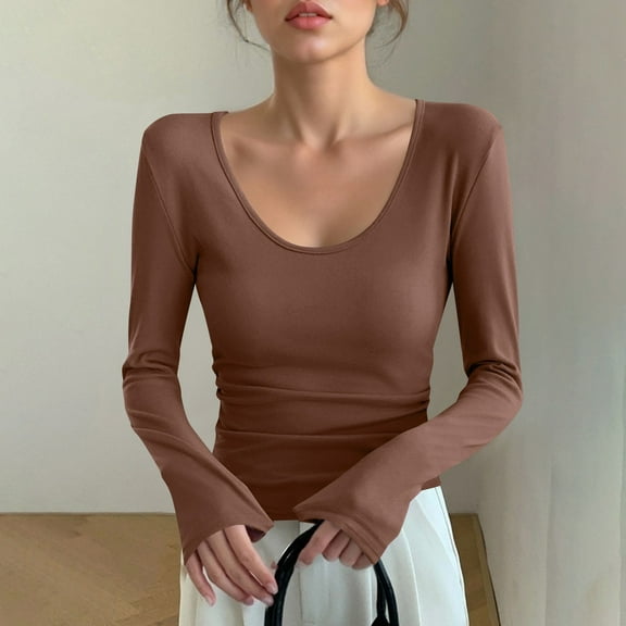 Thermal Shirts for Women Long Sleeve Tops Ladies Fleece Scoop Neck Cropped Undershirt for Winter Cold Weather
