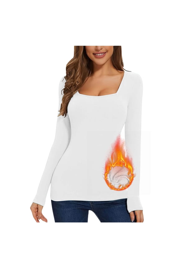 Thermal Shirts for Women Long Sleeve Tops Trendy Square Neck Top Warm Cold Weather Base Layer White M