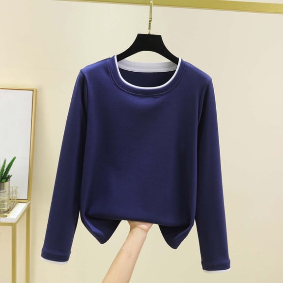 Thermal Shirts for Women Long Sleeve Warm Winter Tops Casual Loose Solid Crewneck Sweaters Base Lined Fleece Blouses Pullover Top