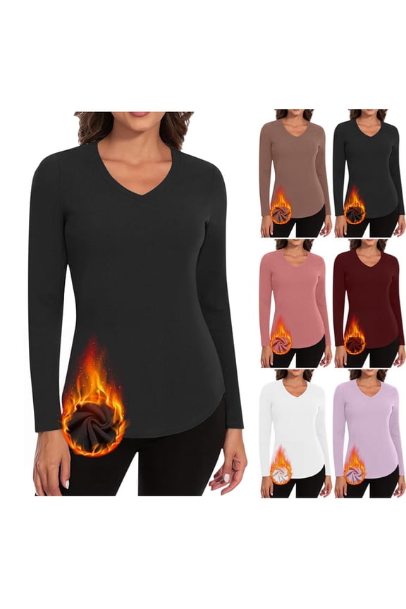 Thermal Shirts for Women V Neck Fleece Lined Long Sleeve Base Layer Soft Warm Underwear Tops Cold Weather Black 3XL