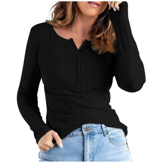 Thermal Shirts for Women V Neck Tight Long Sleeve T Shirts Button Stretch Basic Tops Fall Winter Underwear Tee Black L