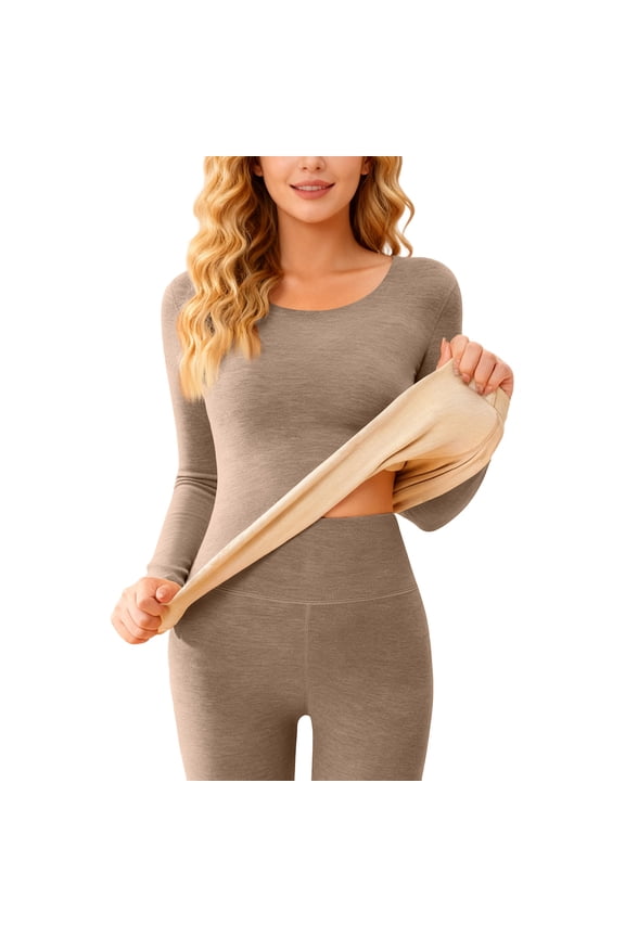 Thermal Shirts for Women Warm Wool Blend Long Sleeve Shirts Basic Fitted Stretch Slim Fit Active Crewneck Y2k Tops Coffee M