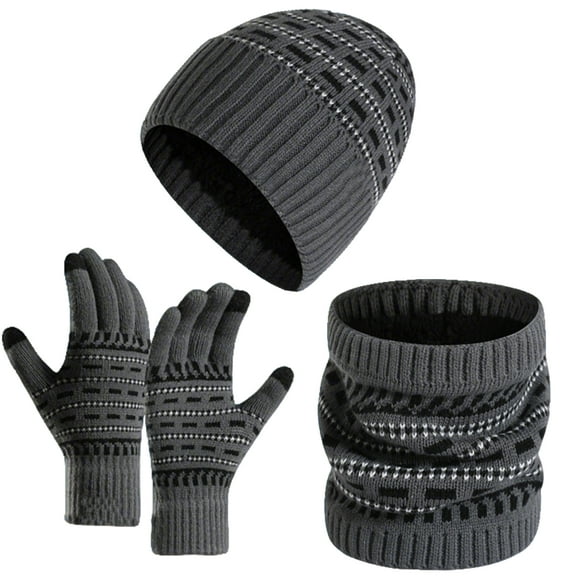 Thermal Skull Cap Scarf Glove Set Winter Fleece Lined Beanie Hat Knit Neck Cover Gray