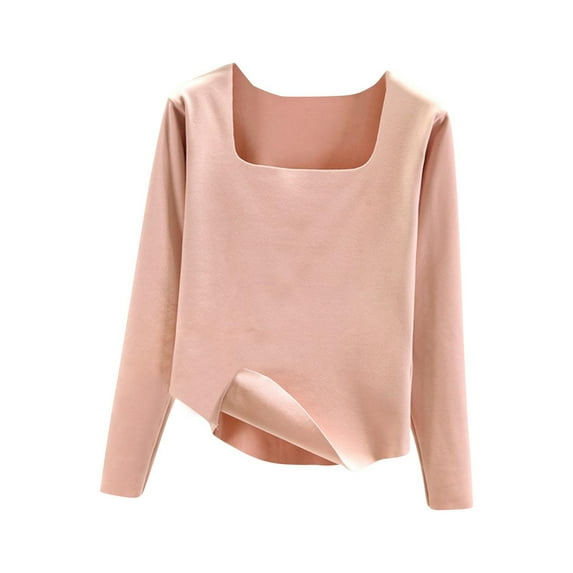 Thermal Square Neck Top Long Sleeve Women Fleece Lined Base Layer Undershirts Underwear for Cold Weather Pink XXL