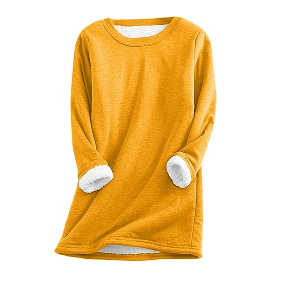 Thermal Sweaters Women Sherpa Fleece Lined Tunic Tops Long Sleeve Crew Neck Pullover Shirt Long Tops for Leggings (XL, Yellow)