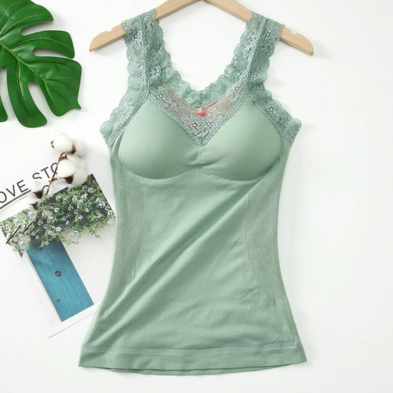 Thermal Tank Top Women Plus Size Loose Fleece Lined Undershirt V Neck Lace Camisole Tops Warm Base Layer Underwear Cami Vest Green Free Size