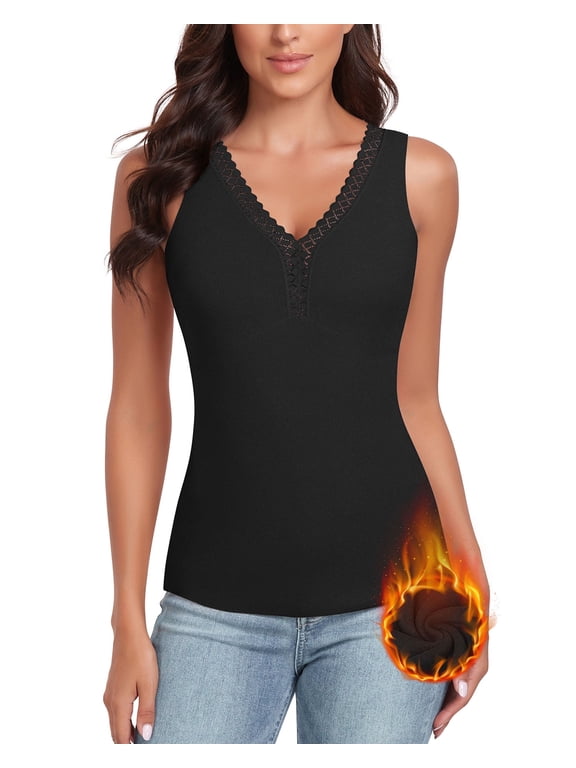 Thermal Tank Top for Women V Neck Lace Fleece Sleeveless Camisole Cami Vest Warm Base Layer Thermal Underwear Tops