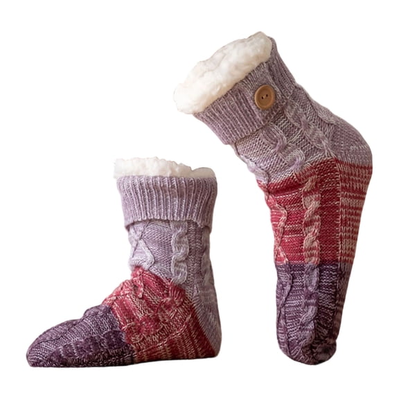 Thermal Thick Fleece-Lined Socks, Anti Slip Winter Soft Warm Fluffy Plush Grip Socks, for House Lounging Bedroom, Purple