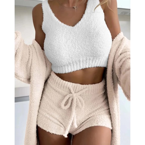 Thermal Three-piece Fluff Coat Spaghetti Strap Short Top Shorts Suit