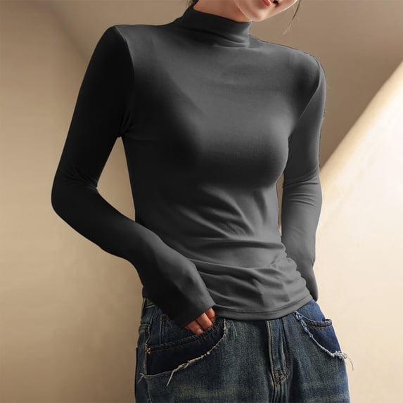 Thermal Tights For Women Basic Long Sleeve Shirts For Women Women's Half-high Collar Bottom Shirt For Women Shoulder Long Sleeve T-shirt Top Bottom Long Sleeve Top,Gray,M