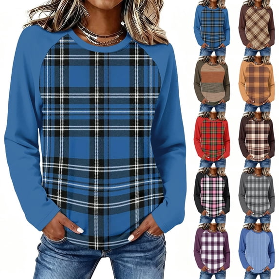 Thermal Tops for Women Plaid Raglan Sleeve Crewneck Long Sleeve Fall Tee