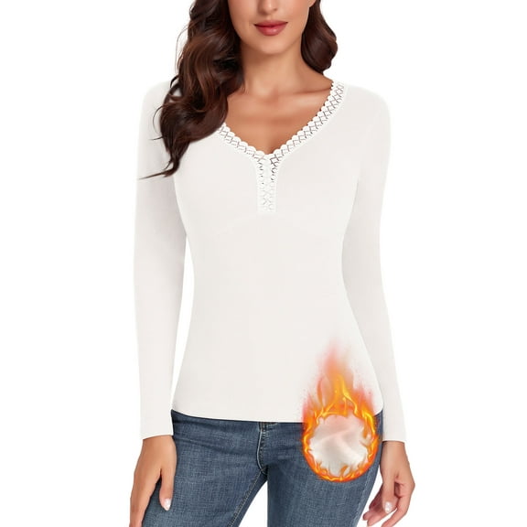 Thermal Tops for Women V Neck Lace Fleece Long Sleeve Shirt Warm Base Layer Thermal Underwear Tops