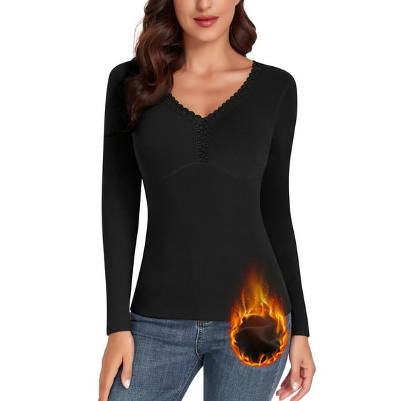 Thermal Tops for Women V Neck Lace Fleece Long Sleeve Shirt Warm Base Layer Thermal Underwear Tops