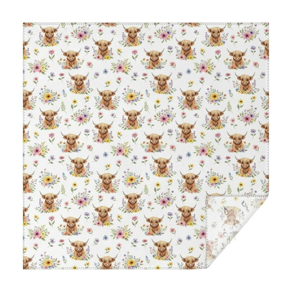 White Highland Cow Flower Pattern Square Tablecloth,Waterproof Square Table Cover,Wipeable Spillproof Washable Table Cover for Home Kitchen Party Decor 60"x60"(152x152cm)