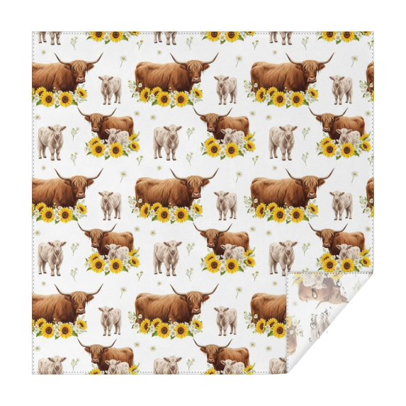 White Highland Cow Sunflower Calf Pattern Square Tablecloth,Waterproof Square Table Cover,Wipeable Spillproof Washable Table Cover for Home Kitchen Party Decor 52"x52"(132x132cm)