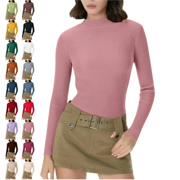 Thermal Turtleneck Shirt Women Ribbed Long Sleeve Mock Neck Tops Slim Fit Trim Base Layer Pink Free