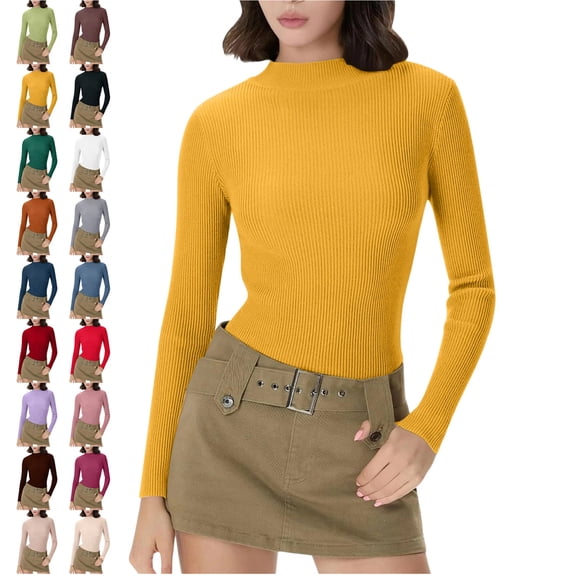 Thermal Turtleneck Shirt Women Ribbed Long Sleeve Mock Neck Tops Slim Fit Trim Base Layer Yellow Free