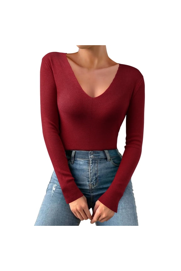 Thermal Undershirt for Women Long Sleeve Base Layer Tops Casual Solid Color Deep V Neck Elastic Knit Shirts Stretch Comfortable Warm Innerwear Lightweight Fit Daily Use Womens Thermal Underwear