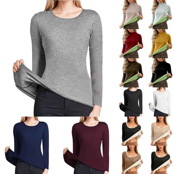 Thermal Undershirt for Women Long Sleeve Stretch Shirts Solid Color Round Neck Pullover Lined T Shirt Base Layer Tops Thermal Warm Soft Innerwear Everyday Comfort Women's Thermal Underwear