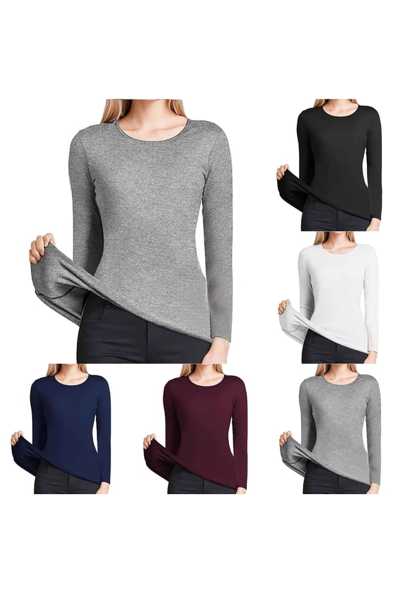 Thermal Undershirt for Women Long Sleeve Stretch Shirts Solid Color Round Neck Pullover Lined T Shirt Base Layer Tops Thermal Warm Soft Innerwear Everyday Comfort Women Undershirt