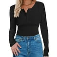 thumbnail image 1 of Thermal Undershirt for Women Ribbed Knit V Neck Henley Stretch Basic Layer Tops Button Winter Fall Warm Long Sleeve Shirts Black M, 1 of 5
