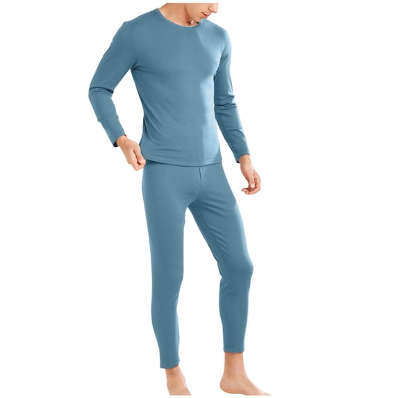Thermal Underwear For Men Crew Neck Long Sleeve Pullover Tops Elastic Waist Pants Solid Color Casual 2 Piece Set (XL, Light Blue)
