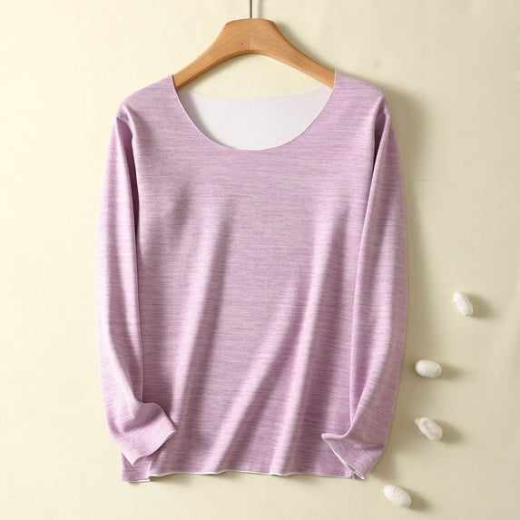 Thermal Underwear For Women Shirts For Women Women's Fleece Thermal Long-sleeved Round-neck Base Shirt Top,Purple,L