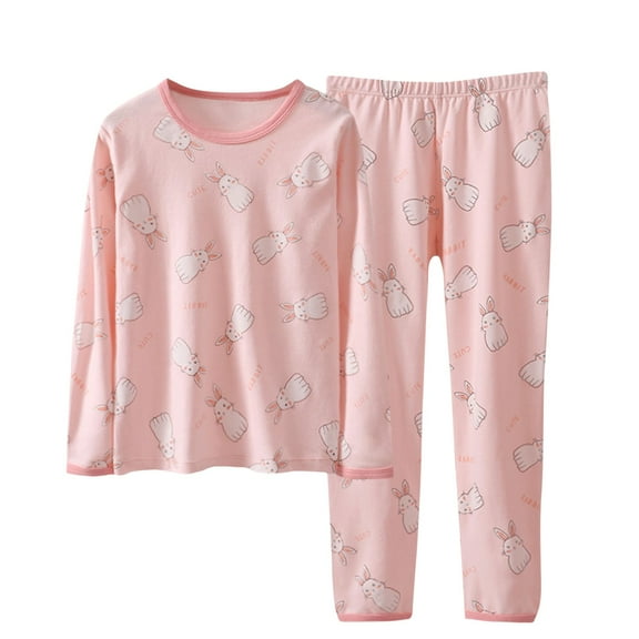 Thermal Underwear Long Johns Set Girl Long Sleeve Print Pj Top Pants Comfort Cotton 2 Pc Fall Pajamas Outfits, Pink, 4 Years