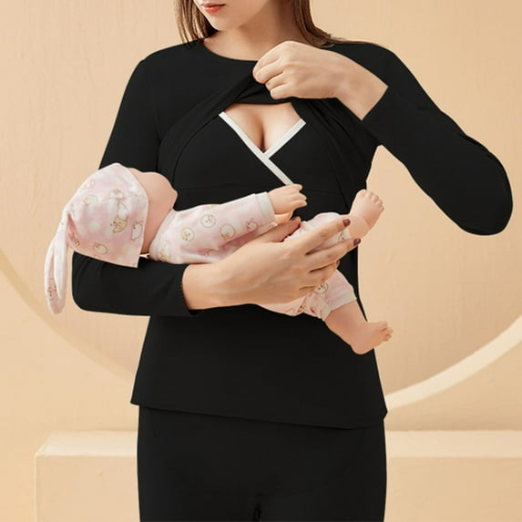 Thermal Underwear Maternity Long Sleeve Shirts Fleece Lined Basic Tops Fashion Women's Long Sleeve Solid Round Neck Sexy Casual Tops Regular Thermal Underwear XL