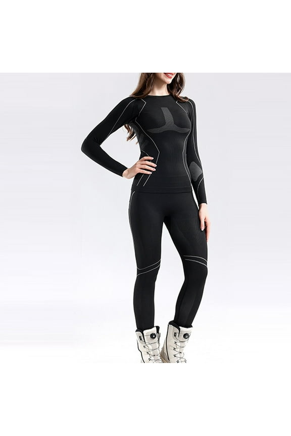 Thermal Underwear Set for Women, Long Johns Seamless Slim Fitting Warm Ski Base Layer Top & Bottom for Cold Weather Black S