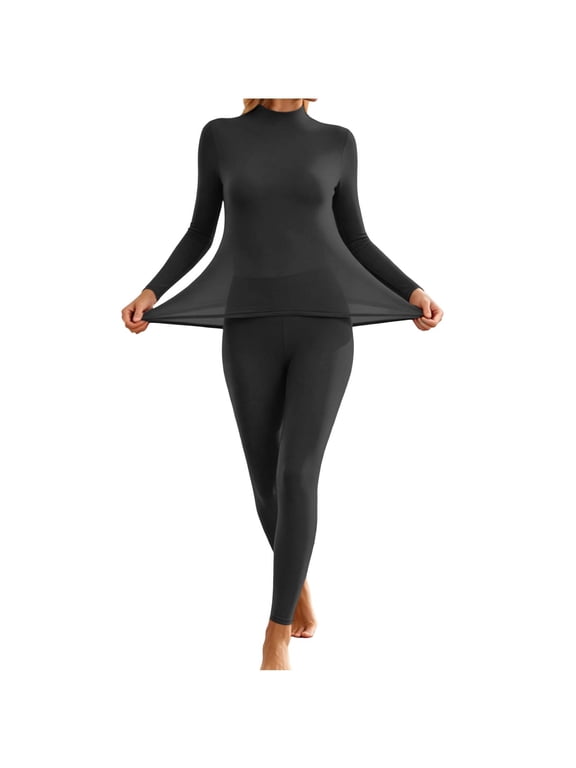 Thermal Underwear Set for Women Ultra Thin Long Johns Scoop Neck Base Layer Top & Bottom Set