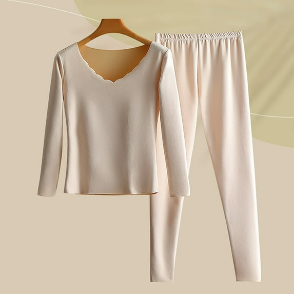 Thermal Underwear Sets for Women Long Johns Ultra Warm Fleece Lined Athletic Base Layer Tops & Bottom Pajama Beige XXL