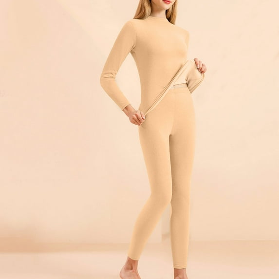 Thermal Underwear Top And Leggings Set For Women Winter Casual Comfortable Fitted Warm And Thick Velvet Silk Collar Neck Seamless Gelatin Style Home Clothes Beige M