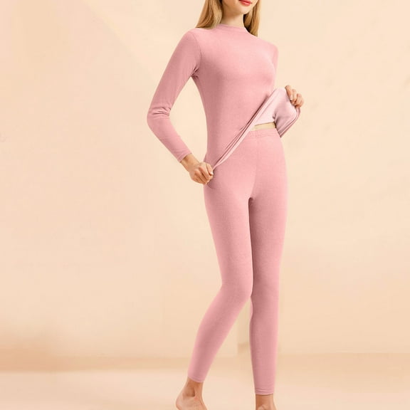Thermal Underwear Top And Leggings Set For Women Winter Casual Comfortable Fitted Warm And Thick Velvet Silk Collar Neck Seamless Gelatin Style Home Clothes Pink XL